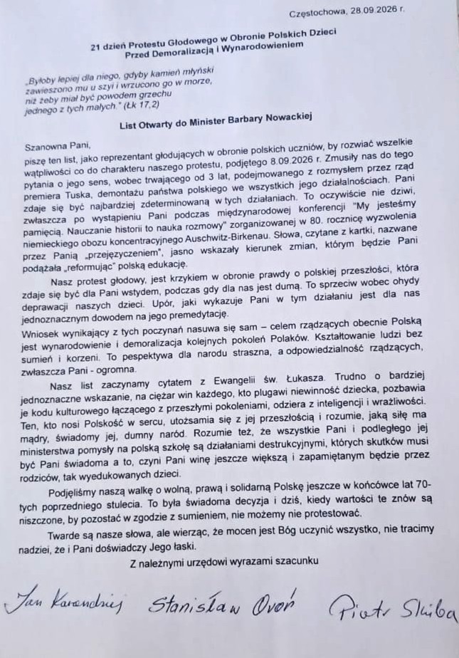 LIST OTWARTY DO MINISTER NOWACKIEJ